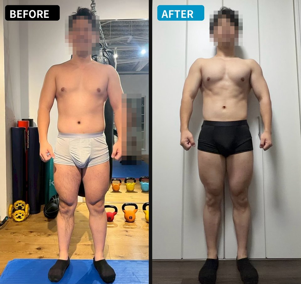 男性のビフォーアフター写真（6ヶ月で体重−12kg）