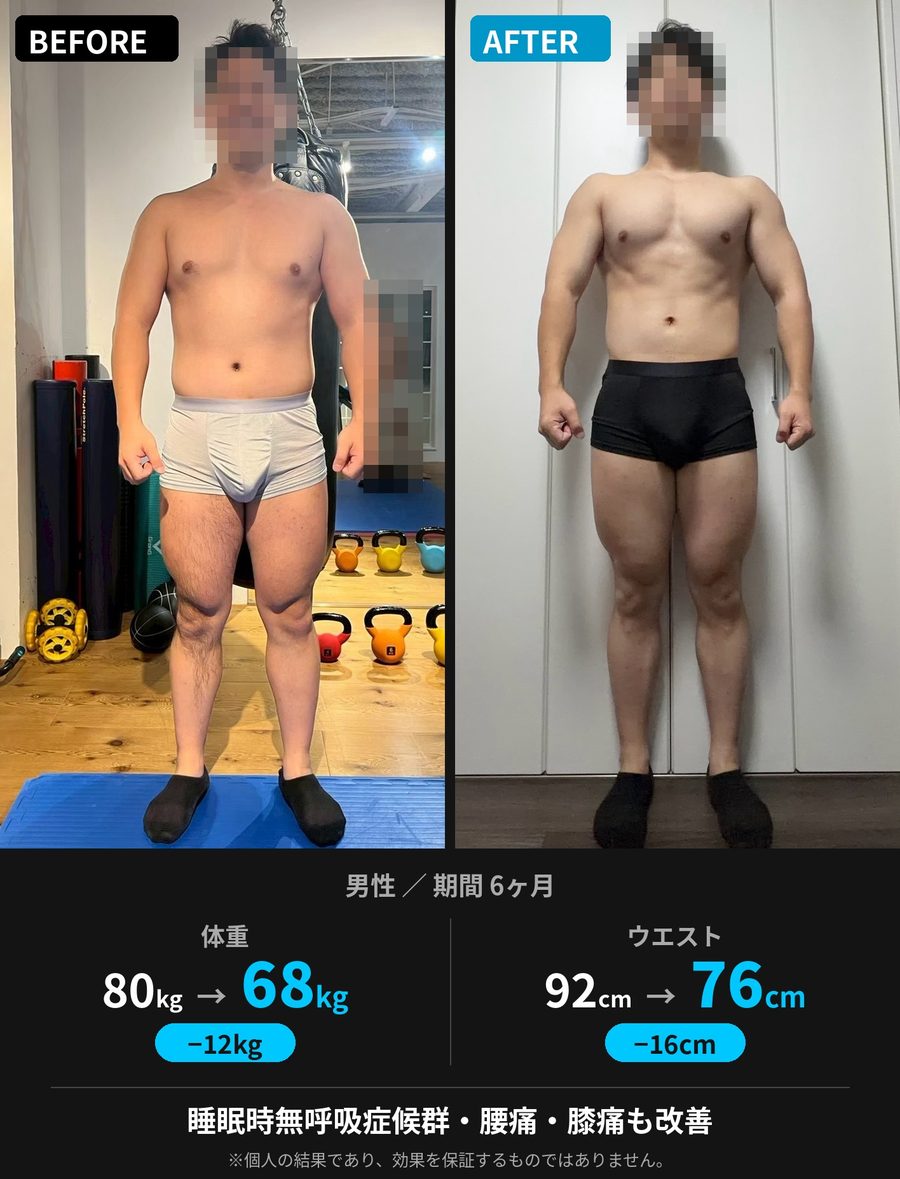 WITHCOREのお客様(男性・6ヶ月)のビフォーアフター。体重80kgから68kg、ウエスト92cmから76cm